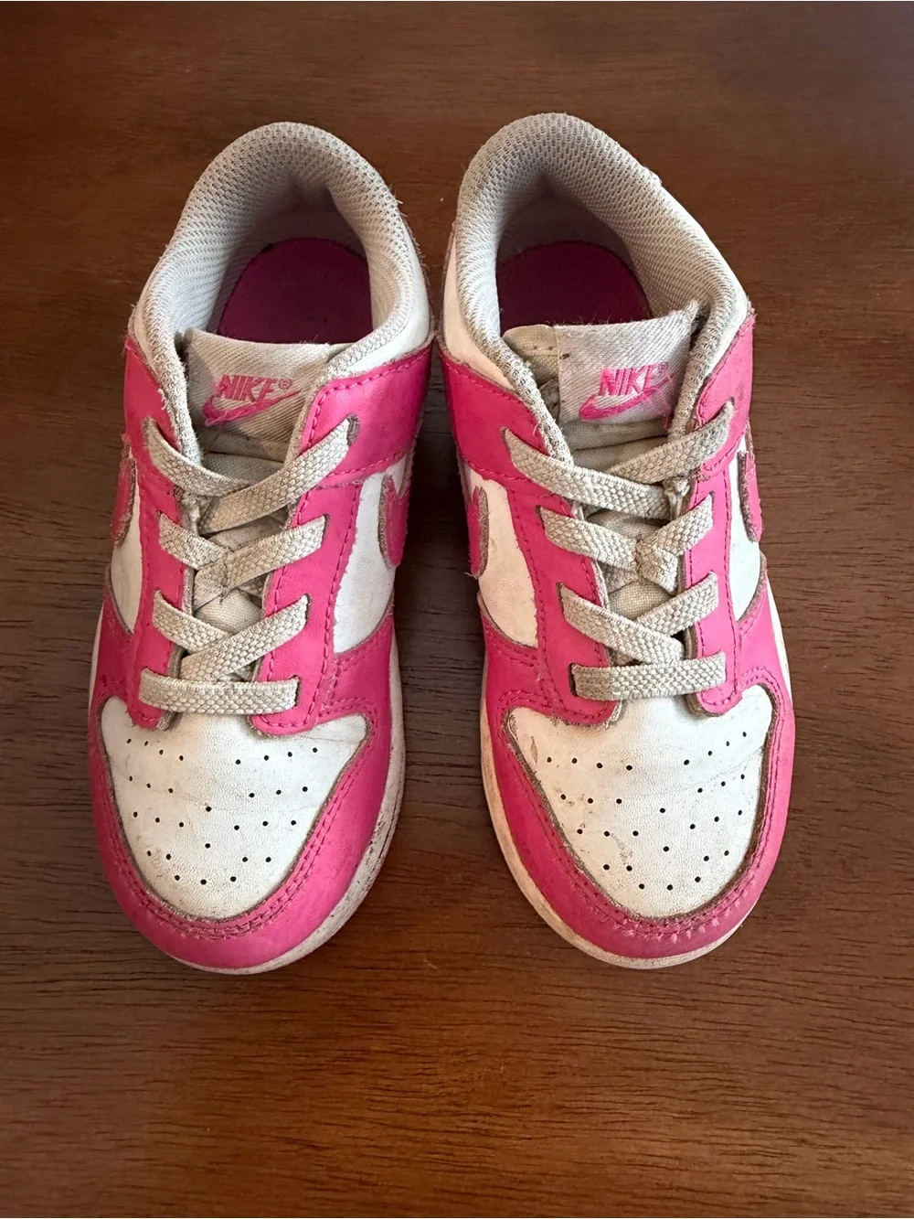 Nike Kids Pink and White Low-Top Dunks. Slip on. Size 10c